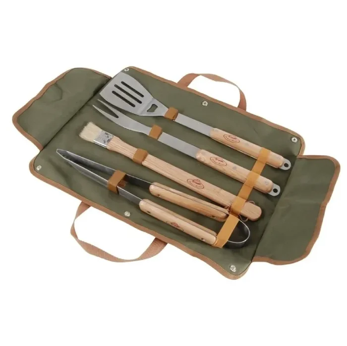 Grillbesteck (aus Kanvas Stoff, Edelstahl, Eschenholz)